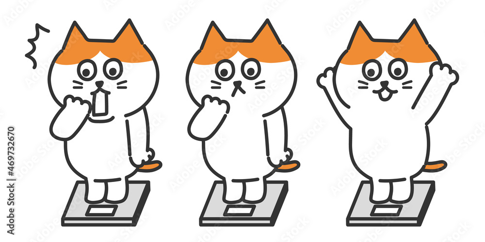 Set of red tabby and white cats weighing themselves on a body scale. Vector illustration isolated on white background.