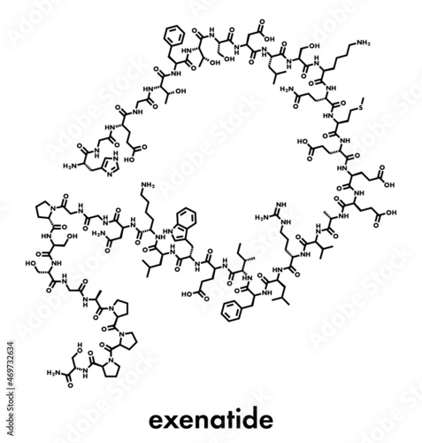 Exenatide diabetes drug molecule. Skeletal formula.
