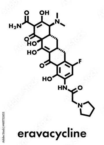 Eravacycline antibiotic drug molecule (tetracycline class). Skeletal formula.
