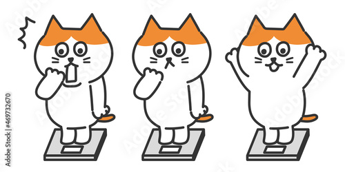 Set of red tabby and white cats weighing themselves on a body scale. Vector illustration isolated on white background.