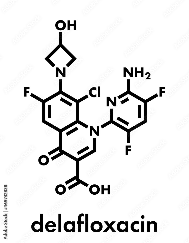 Delafloxacin antibiotic drug molecule (fluoroquinolone class). Skeletal formula. Delafloxacin antibiotic drug molecule (fluoroquinolone class). Skeletal formula.