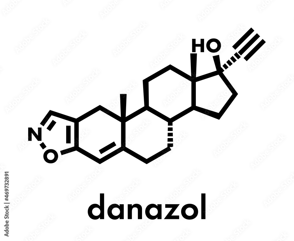 Danazol endometriosis drug molecule. Skeletal formula. Danazol endometriosis drug molecule. Skeletal formula.