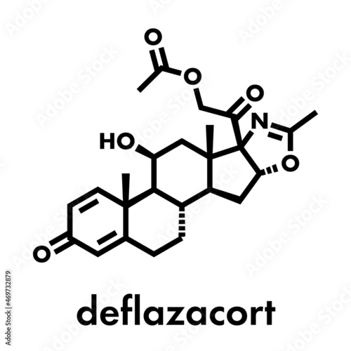 Deflazacort glucocorticoid drug molecule. Skeletal formula.