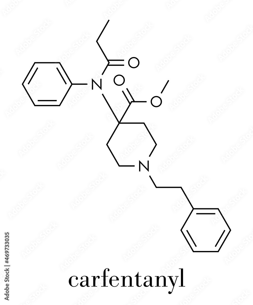 Carfentanil (carfentanyl) synthetic opioid drug molecule. Skeletal formula. Carfentanil (carfentanyl) synthetic opioid drug molecule. Skeletal formula.