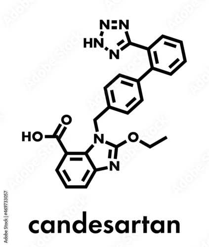 Candesartan hypertension drug molecule. Skeletal formula.