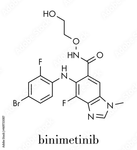 Binimetinib cancer drug molecule (MEK inhibitor). Skeletal formula.