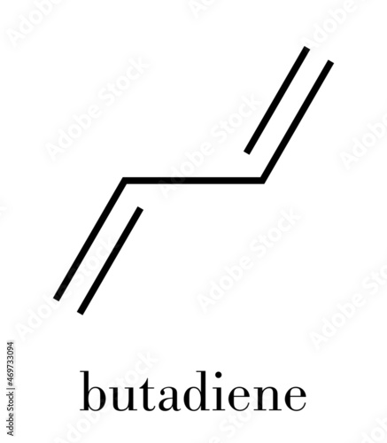 Butadiene (1,3-butadiene) synthetic rubber building block molecule. Used in synthesis of polybutadiene, ABS and other polymeric materials. Skeletal formula.