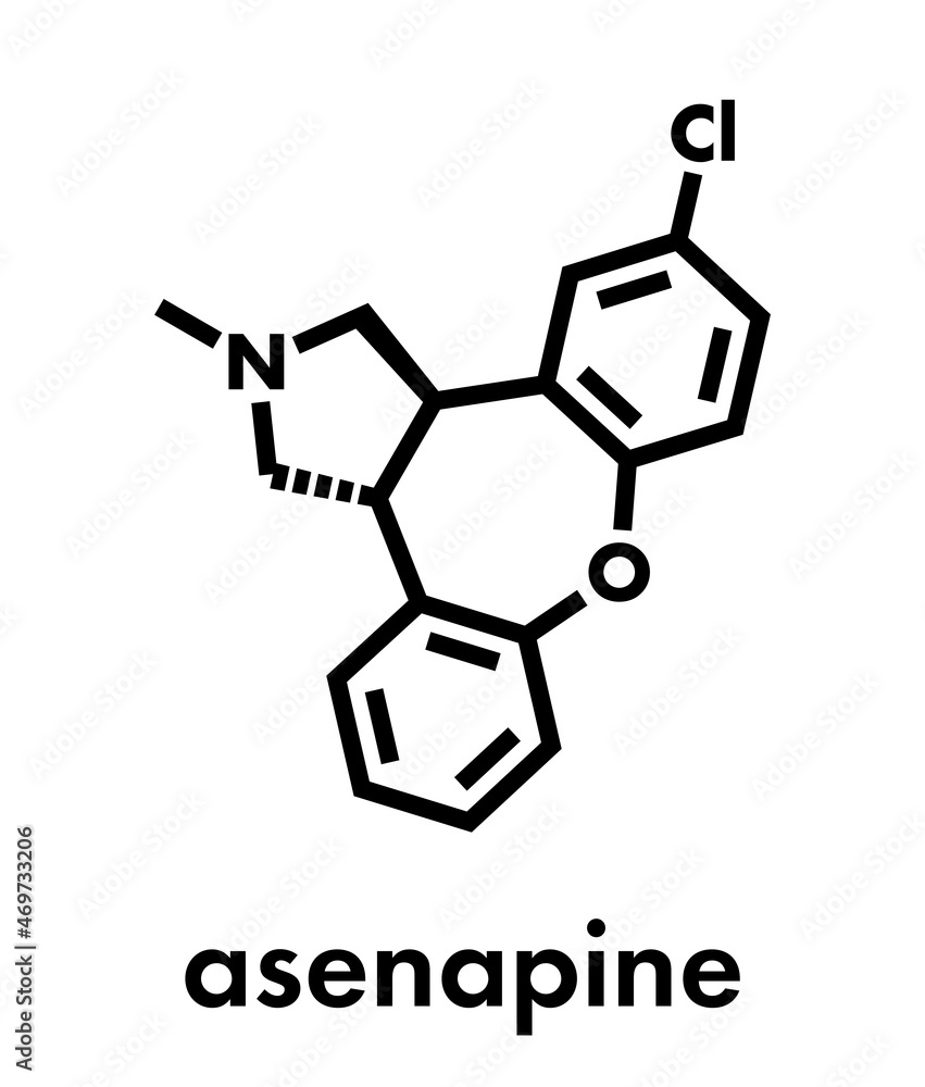 Asenapine antipsychotic drug molecule. Skeletal formula. Asenapine antipsychotic drug molecule. Skeletal formula.