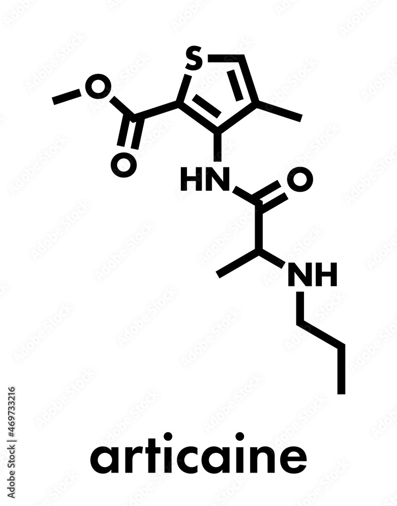 Articaine local anesthetic drug molecule. Skeletal formula. Articaine local anesthetic drug molecule. Skeletal formula.