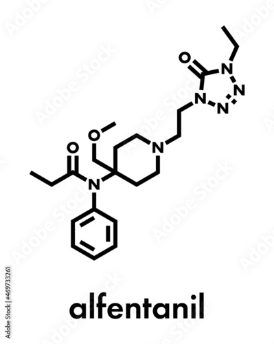 Alfentanil opioid analgesic drug molecule. Skeletal formula.
