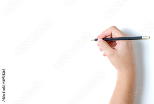 Little hand is ready for drawing with pencil isolated