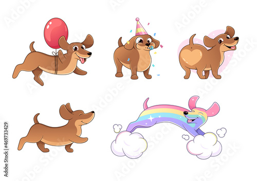 Dachshund, set of illustrations of a happy, funny dog, party, birthday card
