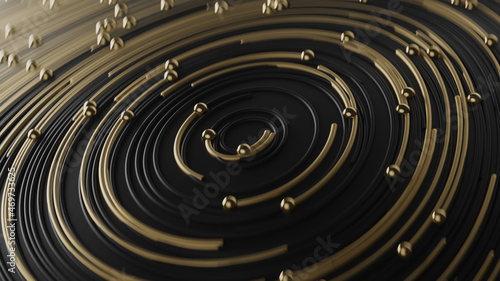 Curly golden and black abstract in circle lines together with particles on blurred bokeh background
