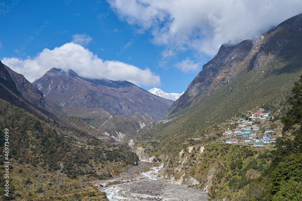 View to Thamo village,  Khumbu Valley, Nepal