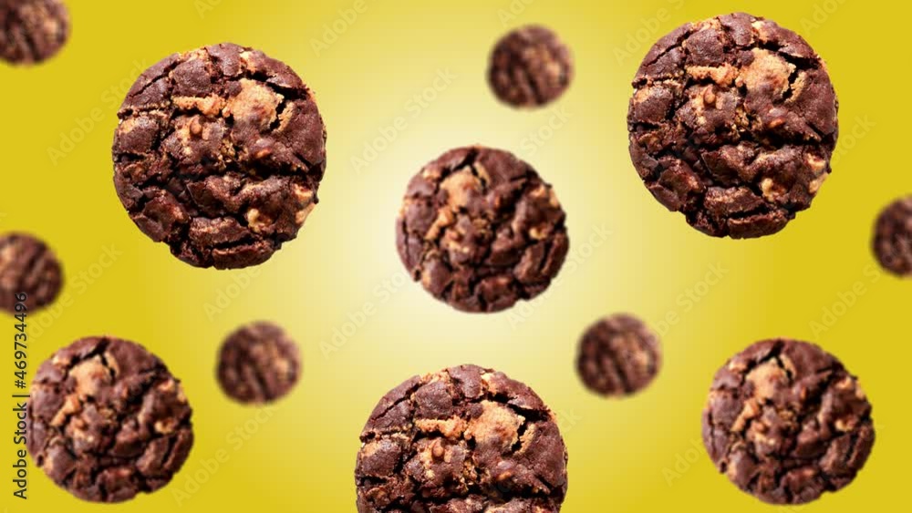 Flying Collection chocolate chip cookie of different diameters move to the center on trending yellow color gradient background (horizontal, not loopable) in 4K UHD footage. Flying Collection chocolate chip cookie of different diameters move to the center on trending yellow color gradient background (horizontal, not loopable) in 4K UHD footage.
