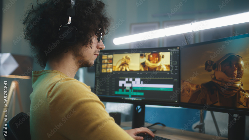 Man editing video at home Man editing video at home