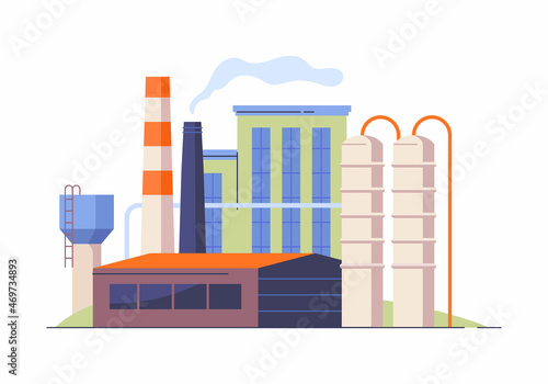 Fototapeta Naklejka Na Ścianę i Meble -  Factory in town. Urban production, industrial age, heavy industry. Workers, energy, electricity recycling creation. Buildings, city. Cartoon flat vector illustration isolated on white background