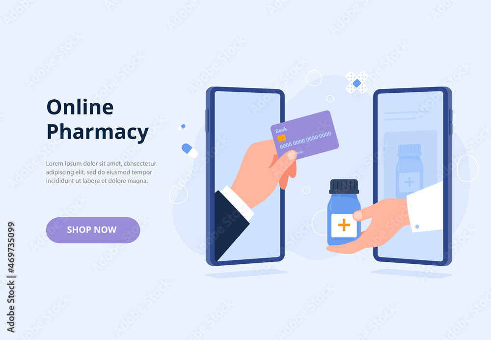 Payment by card for an order in the online pharmacy. Online order of medicines. Online pharmacy, delivery drugs, prescription medicines order. Vector flat illustration for banners, landing page. Payment by card for an order in the online pharmacy. Online order of medicines. Online pharmacy, delivery drugs, prescription medicines order. Vector flat illustration for banners, landing page.