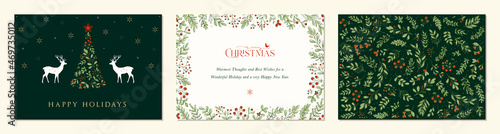 Luxury Corporate Merry and Bright Horizontal Holiday cards. Christmas, Holiday templates with Christmas tree, reindeers, bird, floral background and frames with greetings and copy space.