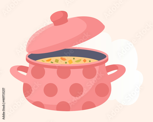 Sticker of soup. Delicious and healthy homemade food. Diet, weight loss, vegetarians. Graphic elements for cafe and restaurant websites. Icon for printing on clothes. Cartoon flat vector illustration
