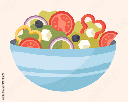 Fototapeta Naklejka Na Ścianę i Meble -  Plate with vegetables. Healthy food, taking care of your health, sports lifestyle. Natural products, vegetarian, vegetables, diet, proper nutrition, salad, slice. Cartoon flat vector illustration