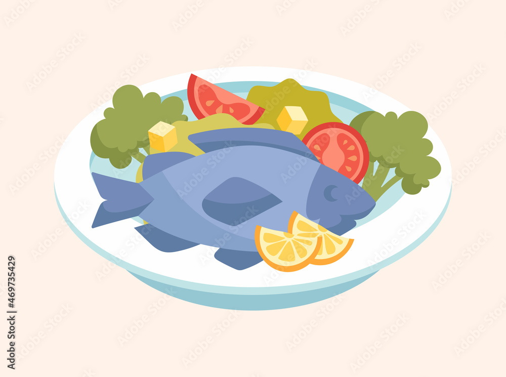 Obraz premium Fish with lemon and herbs. Delicious food, restaurant, cafe. Seafood, protein, vegetarian. Useful products, taking care of health youthful, vitamins, healthy fats. Cartoon flat vector illustration