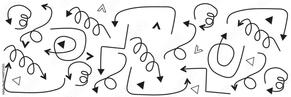 Set of hand drawn arrows icons set of different shapes. Black arrows on a white background in different shapes. Hand drawn style. Vector graphic. Arrow vector icon. Set of hand drawn arrows icons set of different shapes. Black arrows on a white background in different shapes. Hand drawn style. Vector graphic. Arrow vector icon.