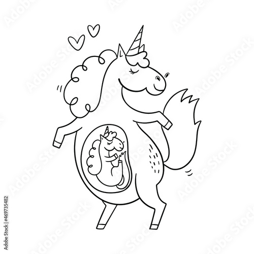 Mother unicorn simole illustration. Newborn unicorn coloring page. photo