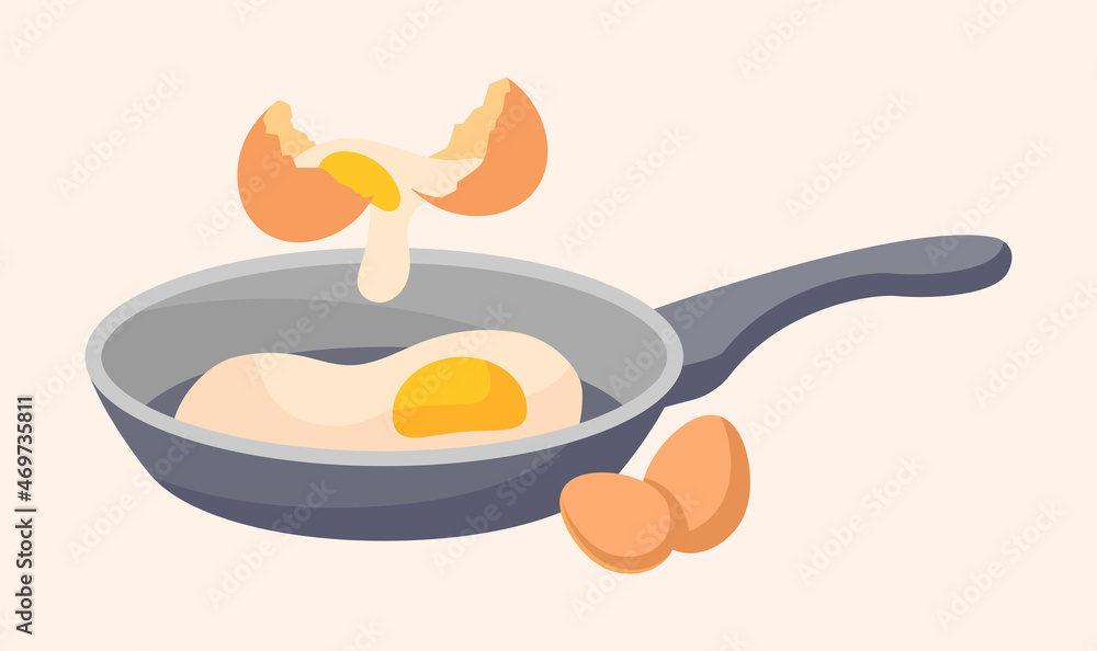 Broken eggs in frying pan. Scrambled eggs, protein, natural product. Delicious food, traditional breakfast. Cafeteria, restaurant. Cooking, preparing meal, chef Cartoon flat vector illustration Broken eggs in frying pan. Scrambled eggs, protein, natural product. Delicious food, traditional breakfast. Cafeteria, restaurant. Cooking, preparing meal, chef Cartoon flat vector illustration