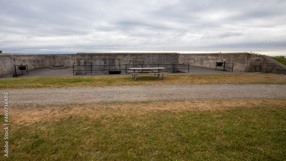 Whidbey Island, Washington, USA - May 23 2021: Fortress at Fort Casey State Park in Washington during summer. Whidbey Island, Washington, USA - May 23 2021: Fortress at Fort Casey State Park in Washington during summer.