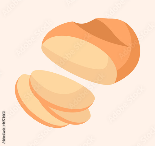 Sliced loaf sticker. Flour products, appetizer for regular meals. Wheat products, hosts jelling sandwich. Graphic elements for flour shop, bakery icon or button. Cartoon flat vector illustration