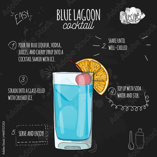 Hand drawn colorful fresh summer drink Blue lagoon recipe on blackboard