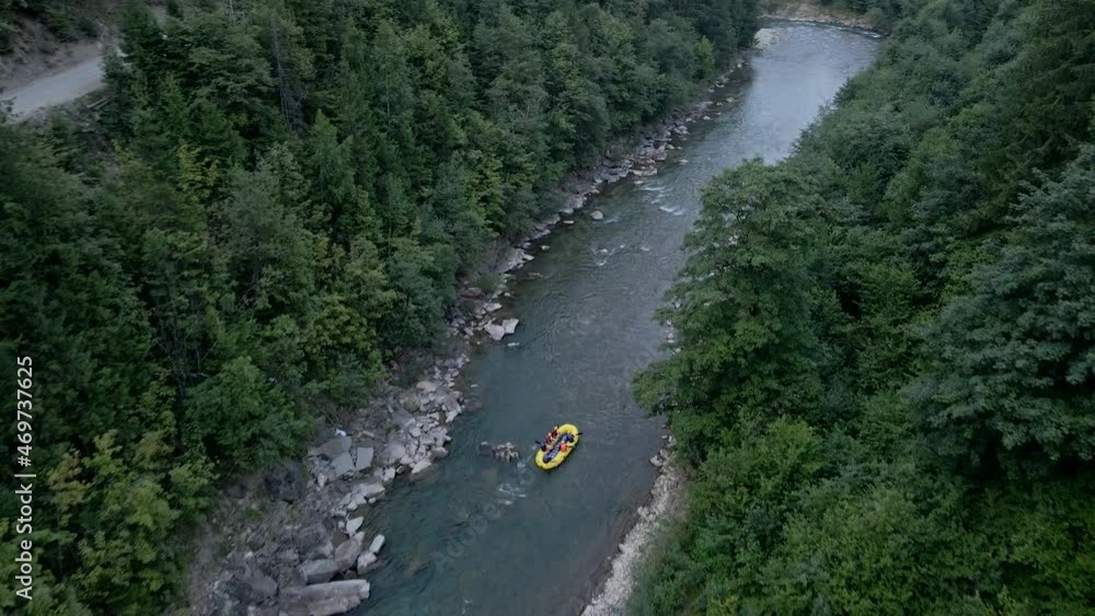 aerial view of rafting at mountain river aerial view of rafting at mountain river