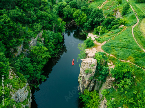 overhead top view of kayak in canyon