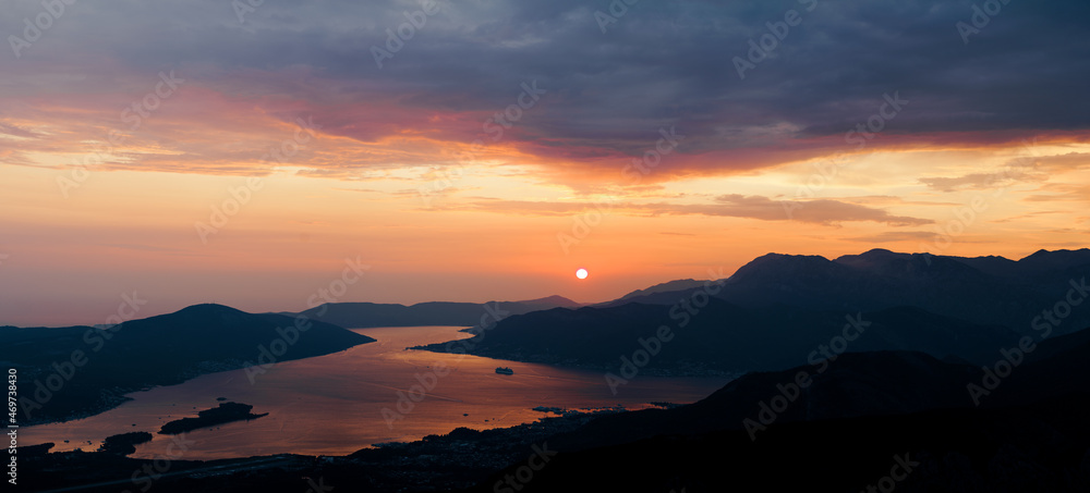 View from Mount Lovcen to the red sunset over the Bay of Kotor