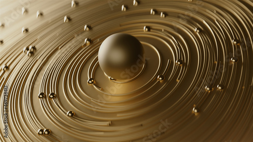 3d render Curly golden abstract in circle lines together with particles on blurred bokeh background