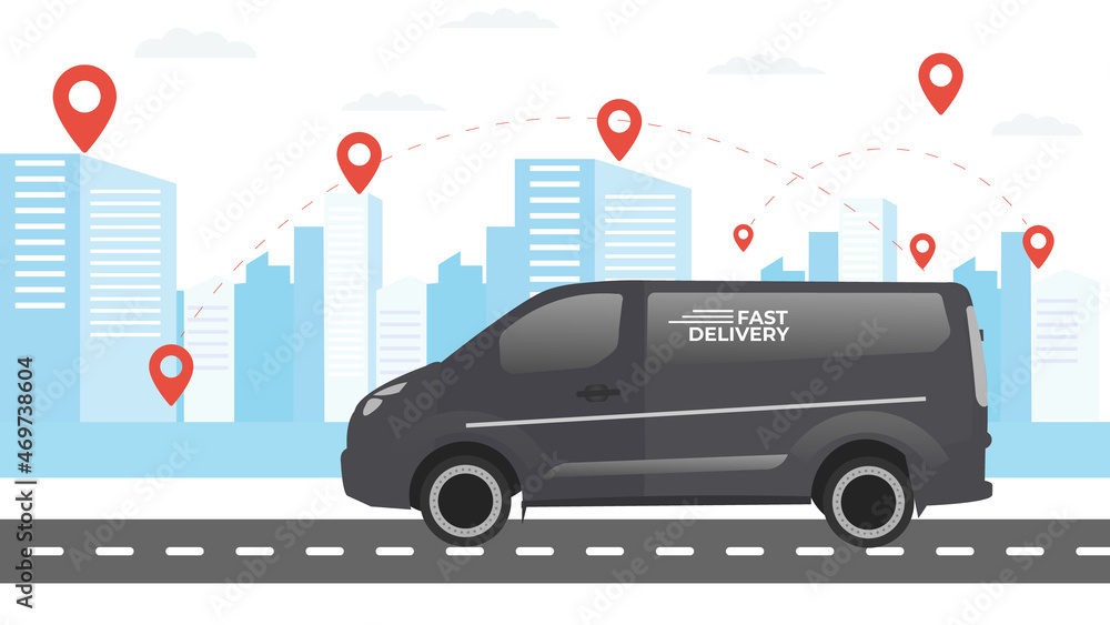 Fast delivery car with city background Fast delivery car with city background