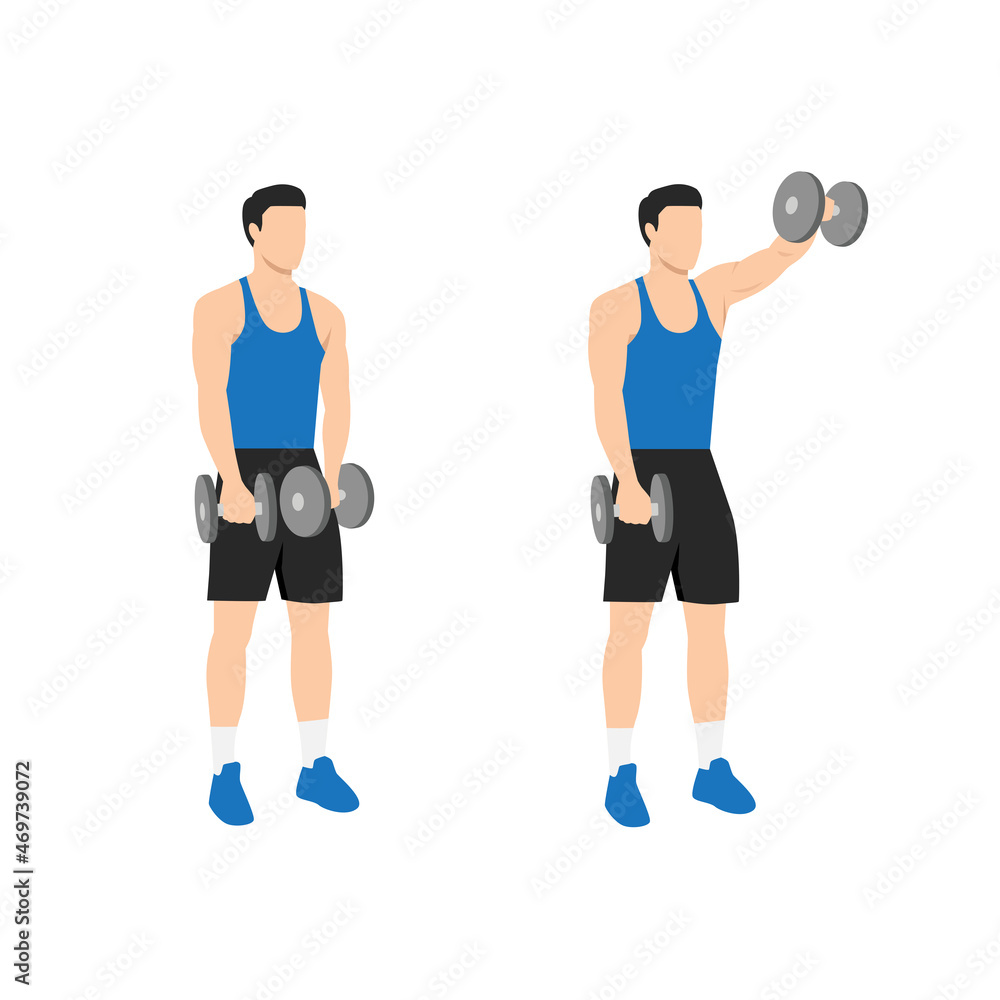 Man doing Forward. front shoulder single dumbbell raises exercise. Flat vector illustration isolated on white background Man doing Forward. front shoulder single dumbbell raises exercise. Flat vector illustration isolated on white background