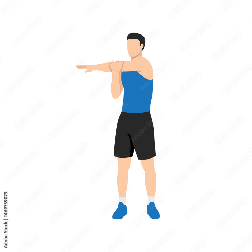 Man doing Standing cross body arm. Shoulder stretch exercise. Flat vector  illustration isolated on white background Stock Vector