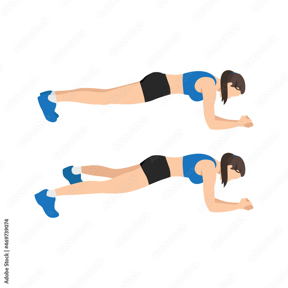 Woman doing Plank jacks. Extended leg exercise. Flat vector illustration isolated on white background Woman doing Plank jacks. Extended leg exercise. Flat vector illustration isolated on white background