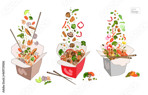 Takeaway wok box set, Chinese noodles and rice with meat, seafood, vegetables and mushrooms and vegetarian in paper boxes.Sketch style drawing on a white background box of noodles .Vector illustration