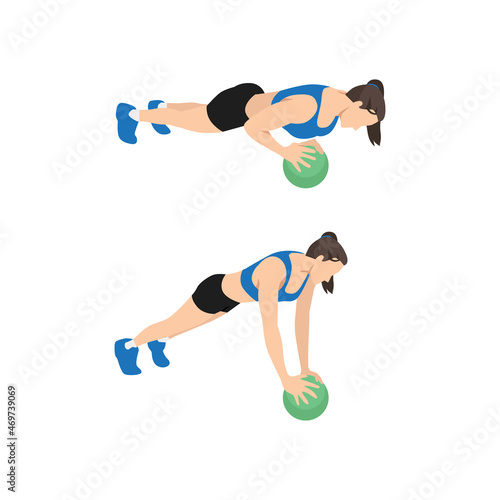 Woman doing Medicine ball push ups exercise. Flat vector illustration isolated on white background. Chest exercise