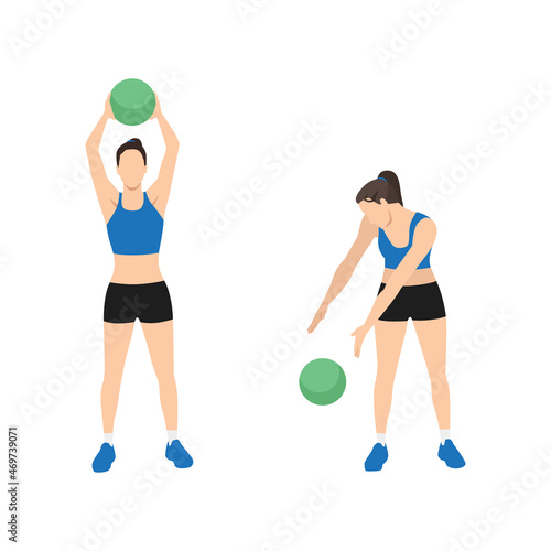 Woman doing Medicine ball. Alternating side slams exercise. Flat vector illustration isolated on white background. workout character set