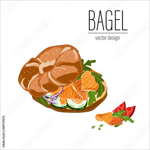 Bagel salmon sandwich with cream cheese, cucumbers and arugula drawn in sketch style and isolated on white background.Tasty and healthy breakfast, food.Fresh pastries.Vector illustration