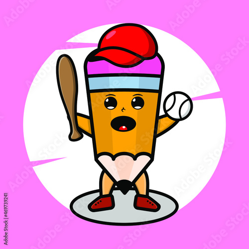 Cartoon pencil mascot playing baseball in cute stylish design for t-shirt, sticker, and logo elements