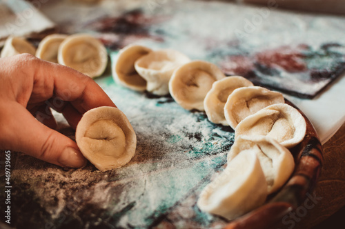 Dumplings with meat in flour on tray