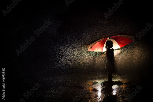 Silhouette of girl under umbrella in the rain photo
