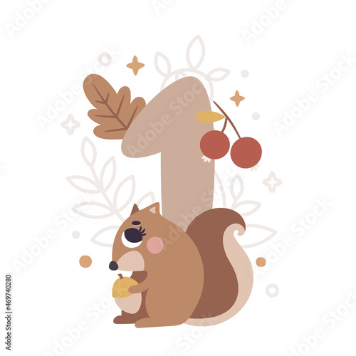 Milestone card with number one in Boho style with squirrel plants, branch, berries, leaves, stars, cute animals for boy or girl. Baby first 12 months. Capture the special moments newborn baby