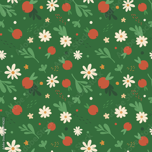 Little flowers and fruit seamless pattern. Simple daisy, orange and leaves floral wallpaper.