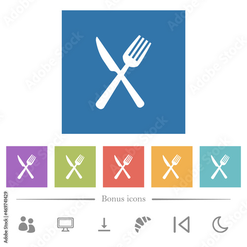 Fork and knife in crossed position flat white icons in square backgrounds